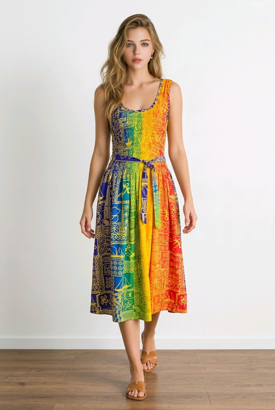 Rima sleeveless, rainbow-colored midi dress  Hawaiian/Tropical  fit flare
